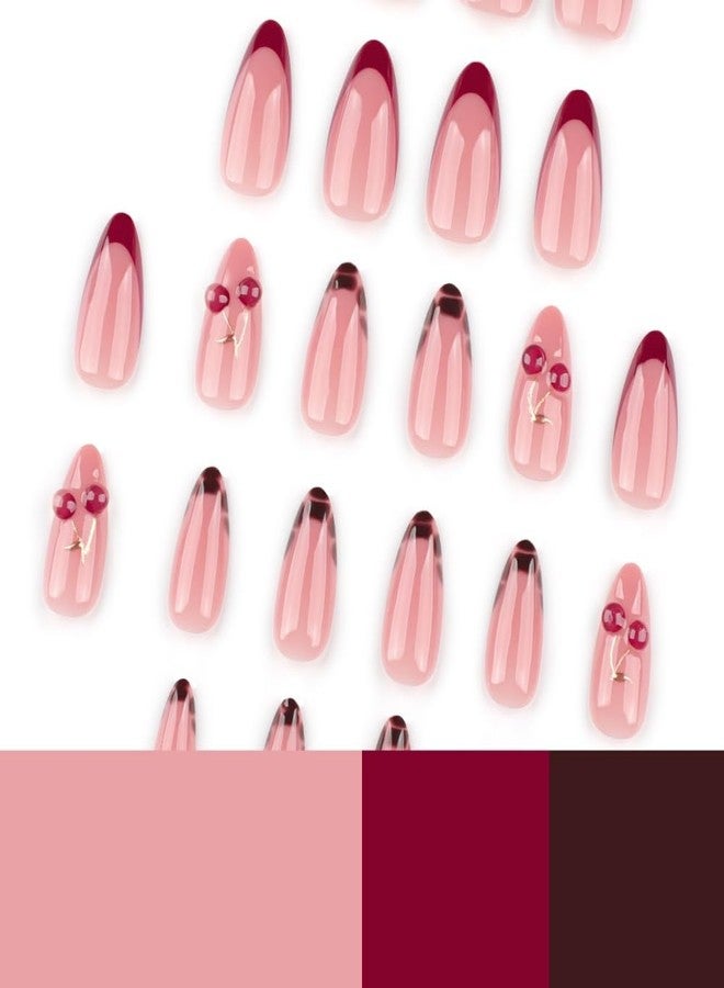 Maigitur Medium Press on Nails Almond Fake Nails with 5D Cherry Charm Design Glossy Dark Red French Tip Nails Press Ons Brown Leopard Glue on Nails Reusable Full Cover Pink Stick on Nails for Women 24Pcs - Image 3